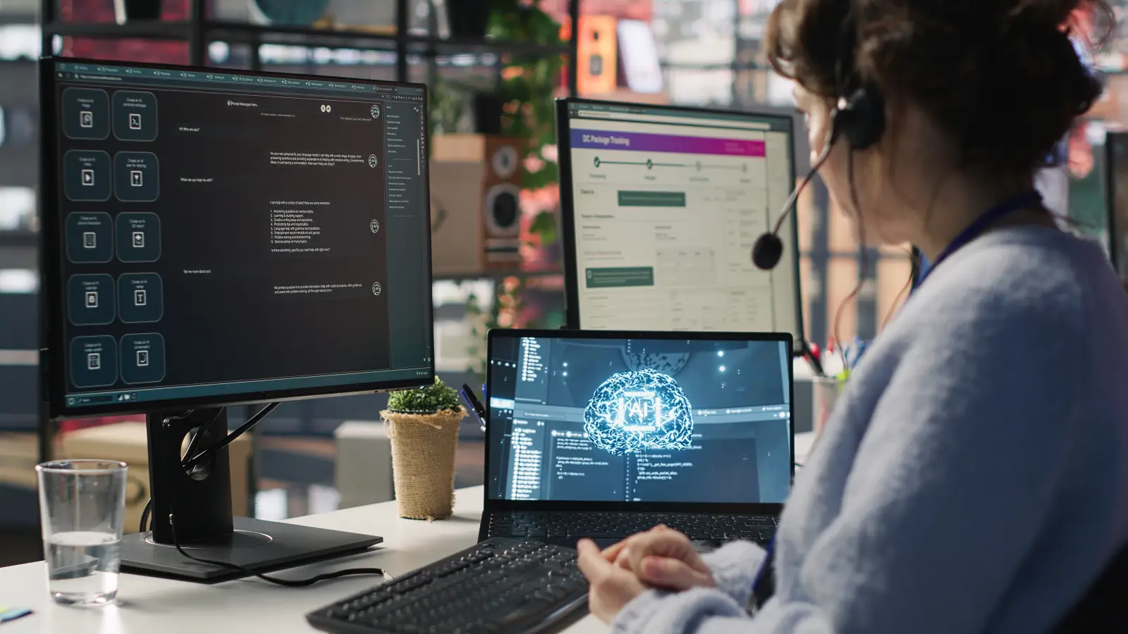 Support specialist working with an AI chatbot on screen