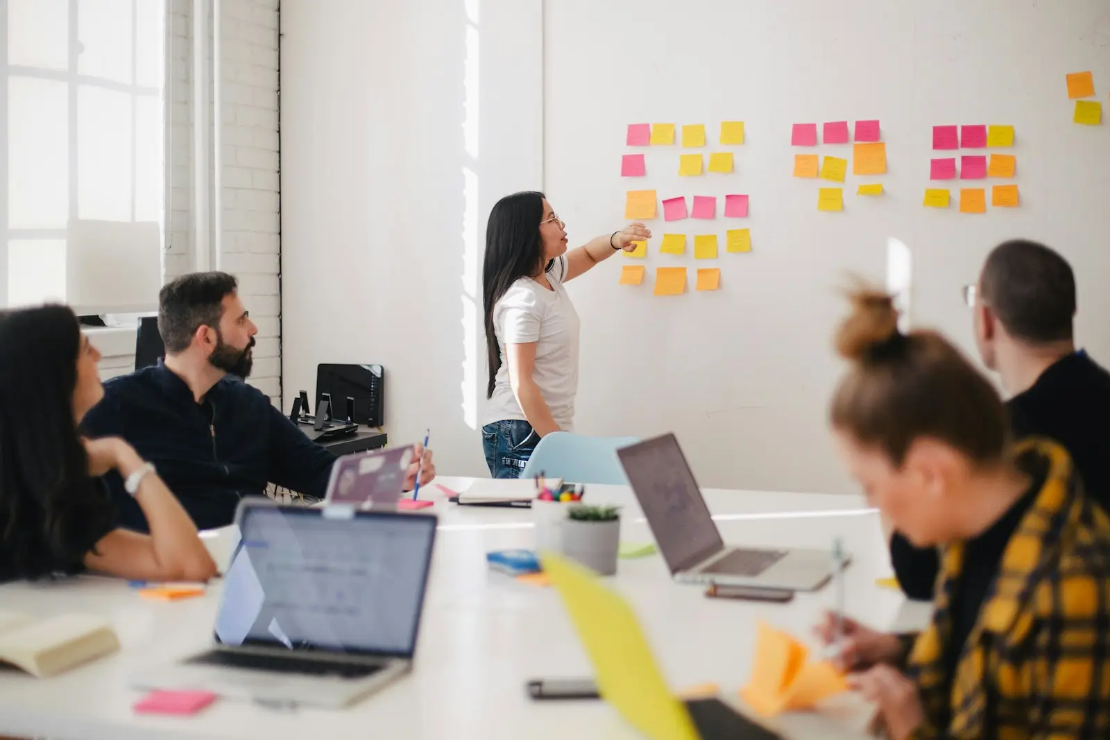 Setup Marketing team planning a campaign at a whiteboard